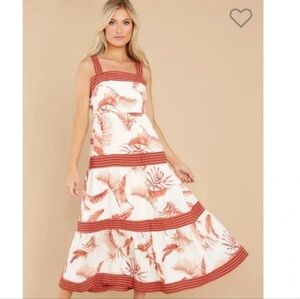 NWOT Botique Tropical Print Sleeveless Dress Rust Red Floral Maxi Small Adjustab